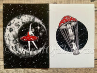 Two Pack Mushroom A5 Art Prints, moon art, Amanita art, mushroom art, fungi art