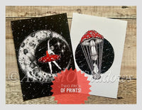 Two Pack Mushroom A5 Art Prints, moon art, Amanita art, mushroom art, fungi art