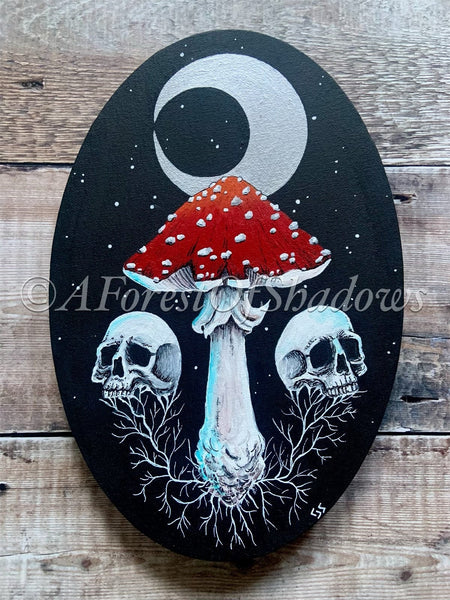 Eternal Life Acrylic Canvas | Mushroom Fungi Painting | Amanita Muscaria art | Witchy Skull Art | Gothic Home Decor | Occult Moon Wall Art